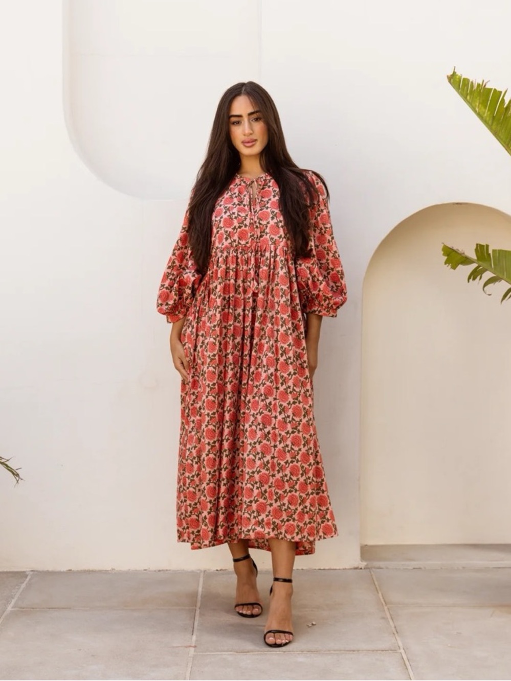 House of Sundar Maya Midi Dress Saffron Su Floral Block Print Cotton